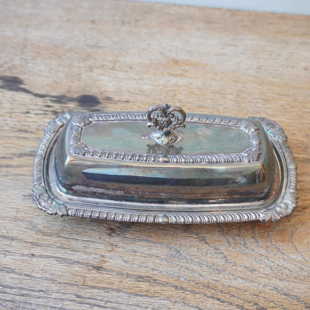 Vintage Silver Plated Butter Dish Tray Lid Silver Fair Ornate Scrolled Handle